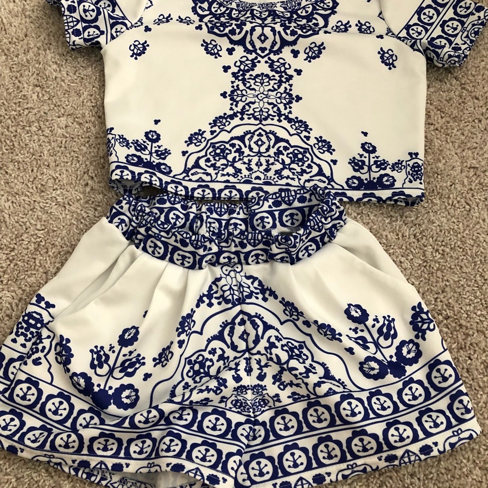 Blue and white crop top and bottom set